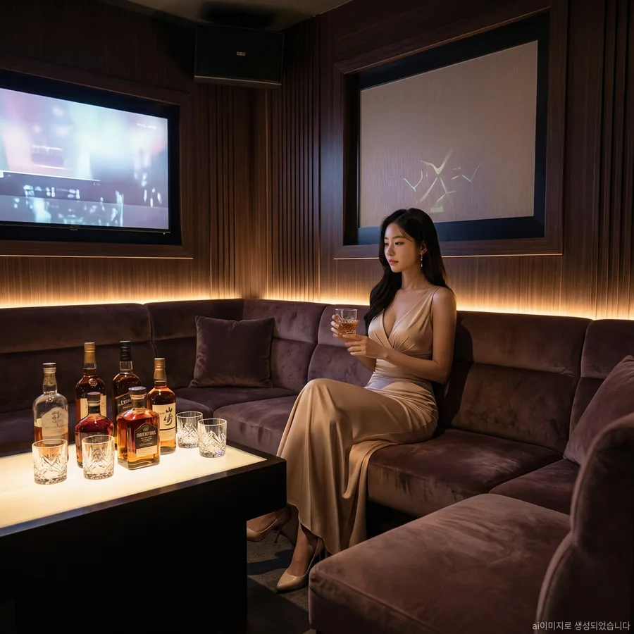 강남 도파민 라운지 분위기 — 프리미엄 간접조명, 야마자키·시바스리갈 위스키 세팅, 고급 소파룸
